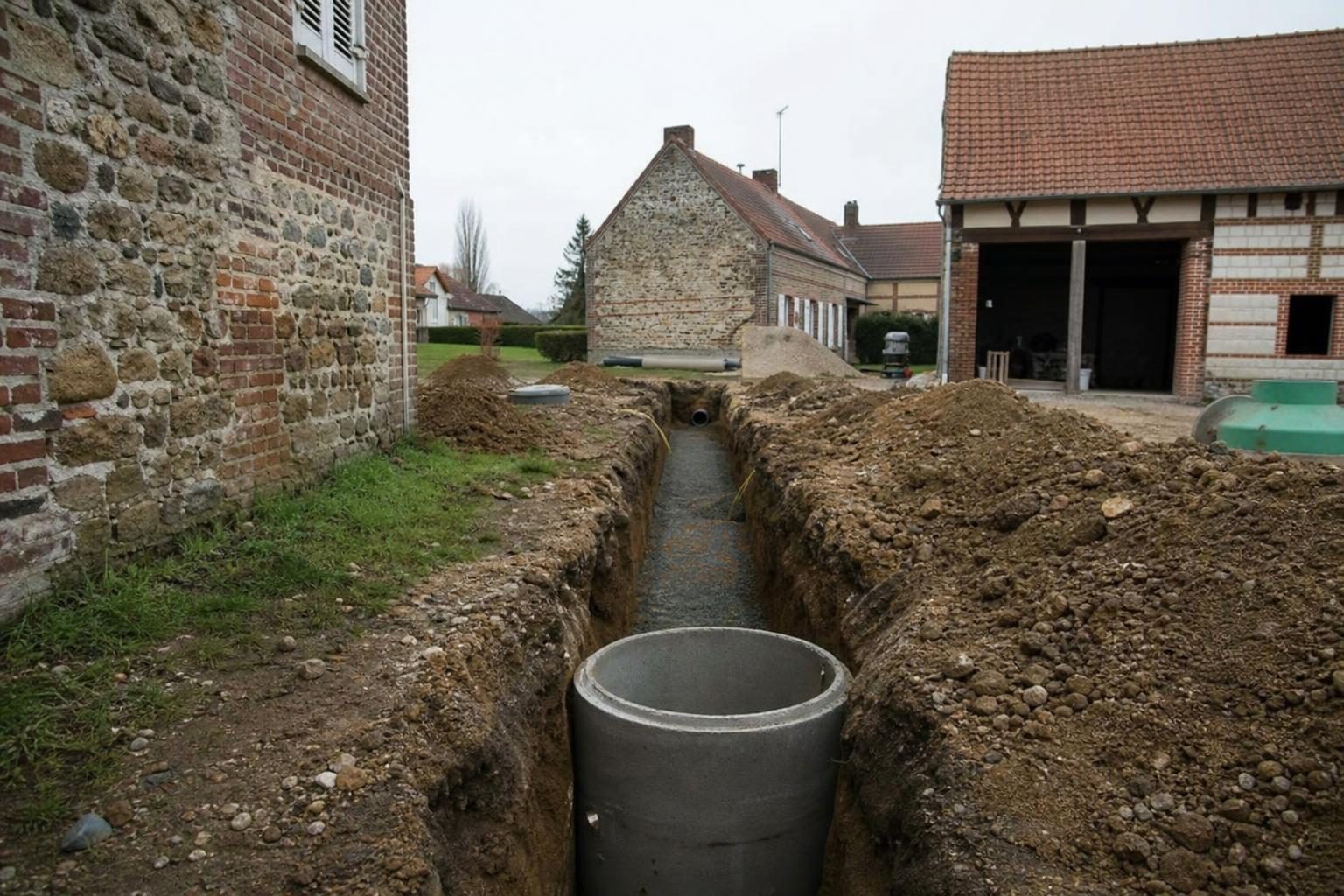 Tranchée d’assainissement ouverte devant une maison ancienne